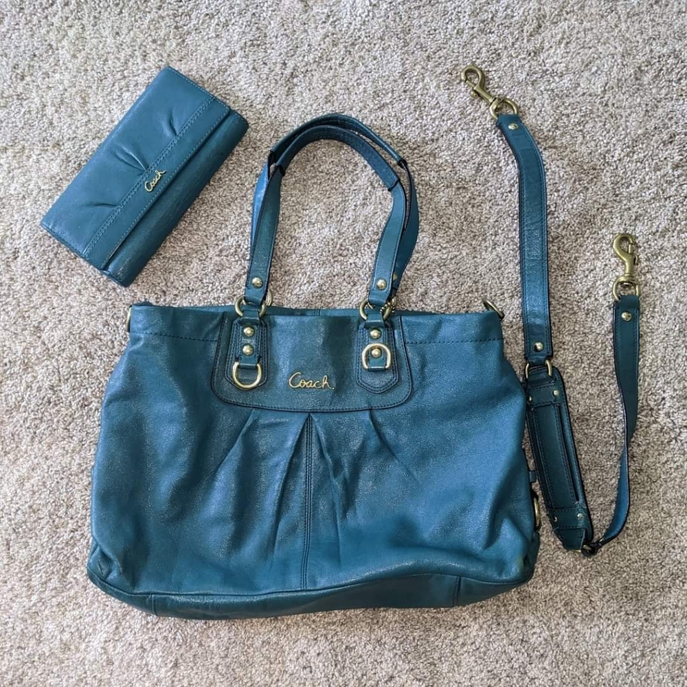 Coach 'Ashley' leather satchel with removable long strap. Matching wallet